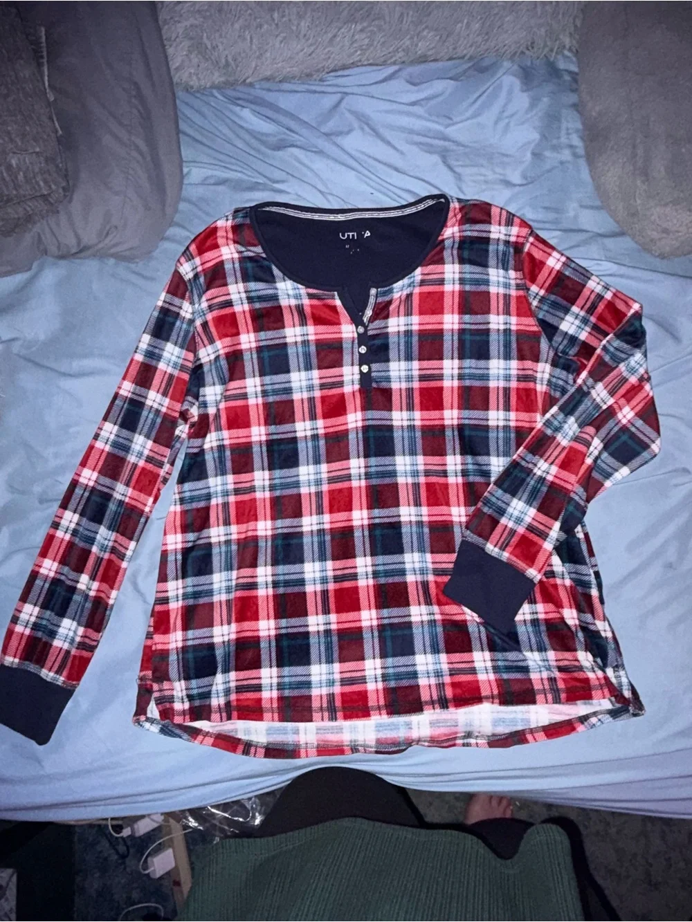 Plaid Long-Sleeve Henley Pajama Shirt - Red/Navy